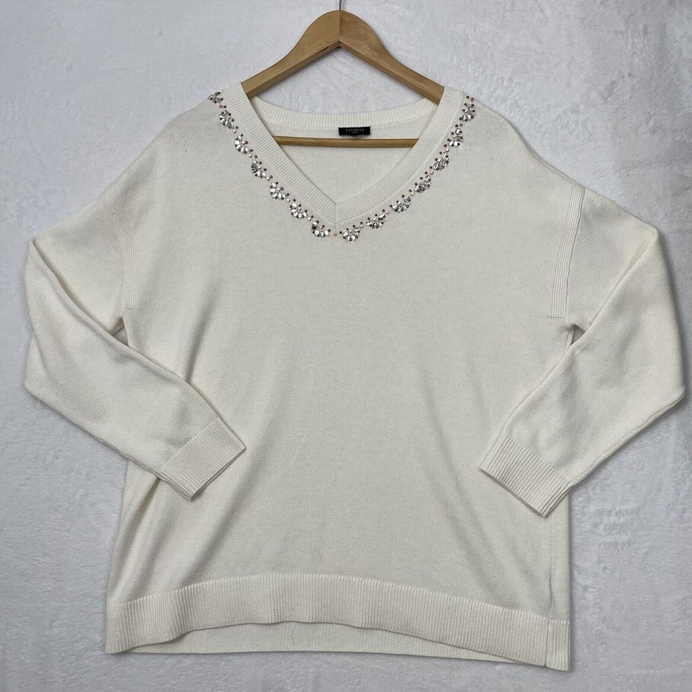 Talbots‎ Beaded Embellished V-Neck Pullover Ivory/White Size Large Petite